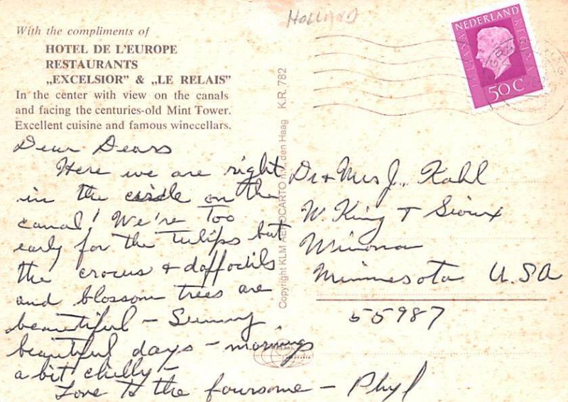 Hote De L Europe Restaurants Holland Postal Used Unknown 