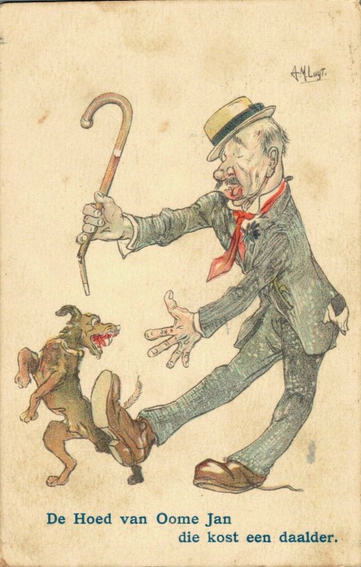 Funny postcard Old man with a walk stick is Playing with his Dog 03.38