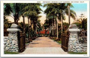 Entrance Mission Cliff Gardens San Diego California CA Palm Tress Postcard