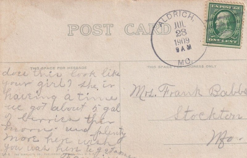Meet Me Face To Face Zophar Baby's Back Postcard 1909 Aldrich to Stockton MO D02