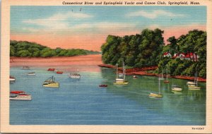Connecticut River Springfield Yacht Canoe Club MA Massachusetts Linen Postcard 