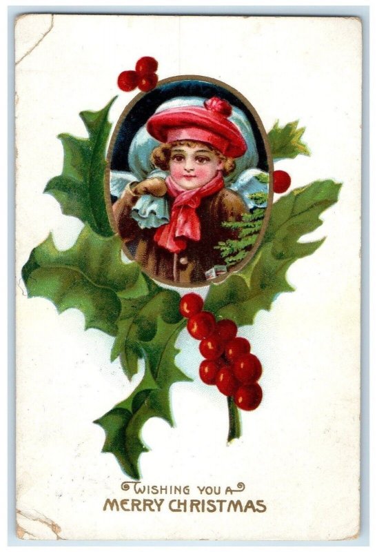 1909 Merry Christmas Holly Berries Boy West Union Iowa IA Antique Postcard