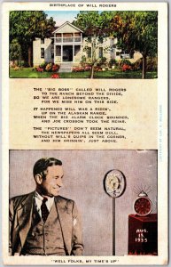 1946 Birthplace Of Will Rogers Well Folks My Time's Up Posted Postcard