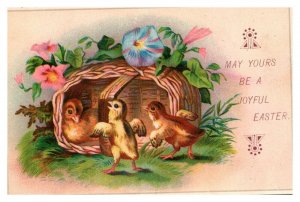 Vintage 1890's Victorian Easter Card - Cute Chicks Blue & Pink Flowers Basket