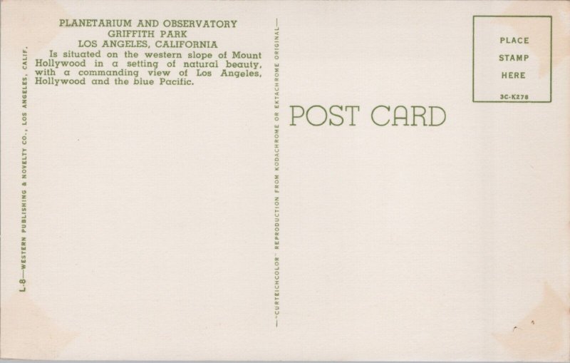 Planetarium And Observatory Griffith Park Los Angeles California Postcard C261