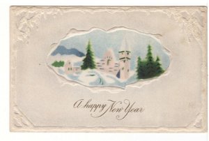 A Happy New Year, Winter Village Scene, Vintage 1920 Embossed Greetings Postcard