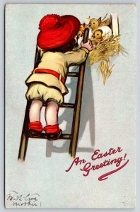 K Gassaway Easter~Child~Red Hat~Ladder~Chicks Hatch~TUCK~c1910 Vintage Postcard