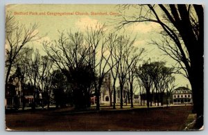 Bedford Park  and Congregational Church  Stamford  Connecticut  Postcard  1915