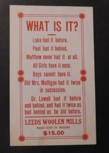 Mint USA Advertisement Postcard What Is It Riddle Leeds Wollen Mills Suits