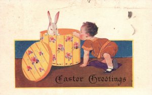 Vintage Postcard 1925 Easter Greetings Baby Opening The Box Bunny Eastertide