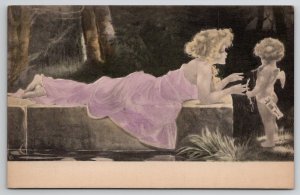 Art Nouveau Pretty Lady with Cupid Woodland Nymph Artist M. Greiner Postcard L37