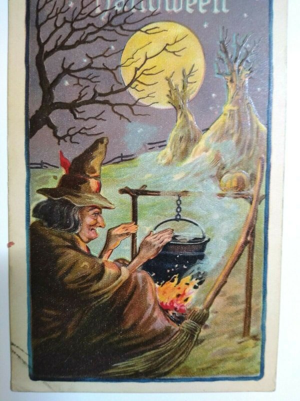 Halloween Postcard Witch Cauldron Haunted Moon Leubrie & Elkus 2231 Antique
