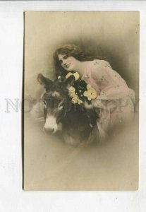 427308 Nymph Woman & DONKEY Vintage tinted PHOTO postcard