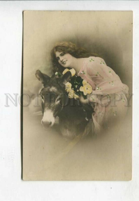 427308 Nymph Woman & DONKEY Vintage tinted PHOTO postcard