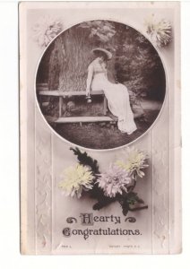 Hearty Congratulations - Pretty Lady - Flowers - 1913 Rotograph Postcard