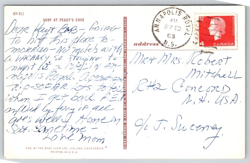 Lighthouse~Halifax Nova Scotia~Peggys Cove Light~Surf~PM 1965 Postcard