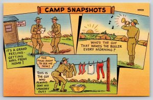 Military Comic~Camp Snapshots~Soldiers W/ Letters~Hanging Clothes~Linen Postcard