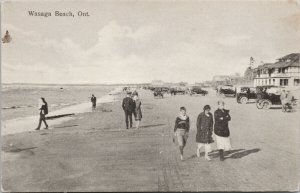 Wasaga Beach Ontario ON People Walking Beach Autos Unused Rumsey Postcard G9