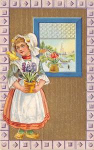 Pretty Girl with Potted Plant Next to Open Window~Tulips on Window Sill~c1910 Pc