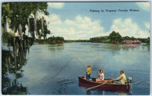 c1940s FL - Tropical Florida Water Family Fishing Linen PC Early Motor Boat A328