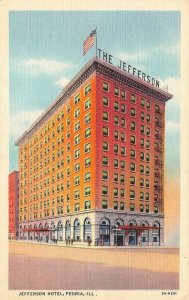 PEORIA, IL Illinois JEFFERSON HOTEL Flag On Roof c1940's Curteich Linen Postcard