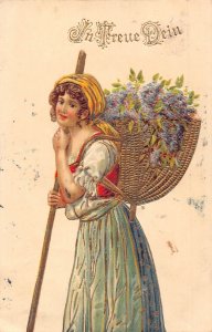 Loyalty Peasant Woman with Basket of Flowers in back 1912 embossed postcard
