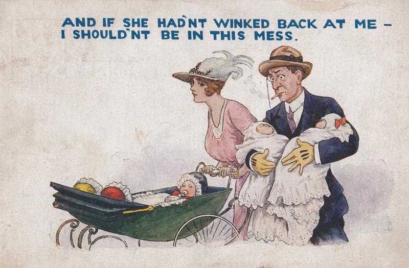 Flirtation Winking Lead To Huge Family Of Babies Pram Antique Comic Postcard