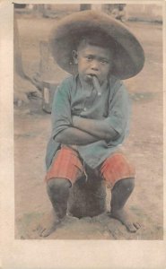 RPPC MEXICO BOY WITH CIGAR HAT BLACK AMERICANA REAL PHOTO POSTCARD (c. 1905)