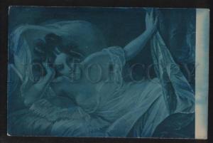 3101441 Semi-Nude BELLE Woman on Bed by PAGES Vintage Blue PC