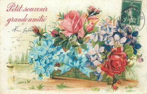 Postcard greetings New Year bells luck flower bouquet
