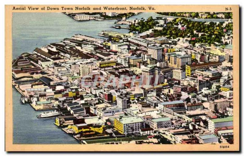 Old Postcard Aerial View of Down Town and Waterfront Nortolk Nortolk Go