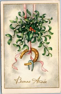 Bonne Annee - Happy New Year - Belgium horseshoes holly postcard
