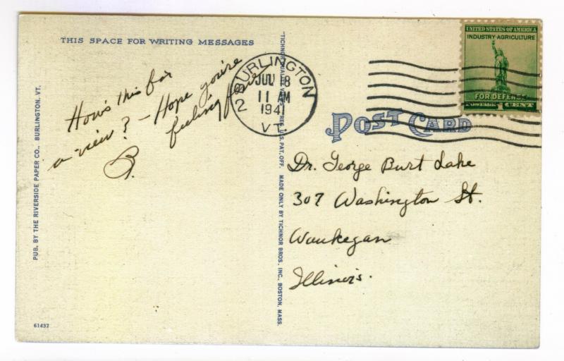 Burlington, Vermont to Waukegan, Illinois 1941 used Postcard, Lake Champlain