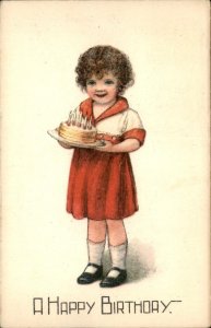 Birthday Girl in Red Dress Birthday Cake WINSCH c1900-20s Vintage Postcard