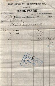 1914  Bridgeport  Connecticut  The Hawley Hardware Co.  Receipt  8 x 5