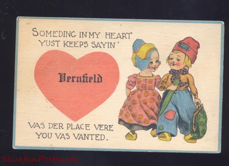 VERNFIELD PENNSYLVANIA DUTCH CHILDREN PINK HEART ANTIQUE VINTAGE POSTCARD