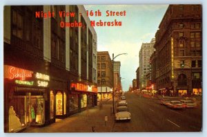 1960 Omaha Nebraska NE Vintage Postcard Night View 16th Street Classic Cars Road