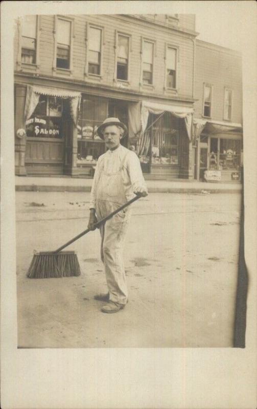 Street Sweeper w/ Broom CONEY ISLAND SALOON Occupation RPPC c1910 dcn