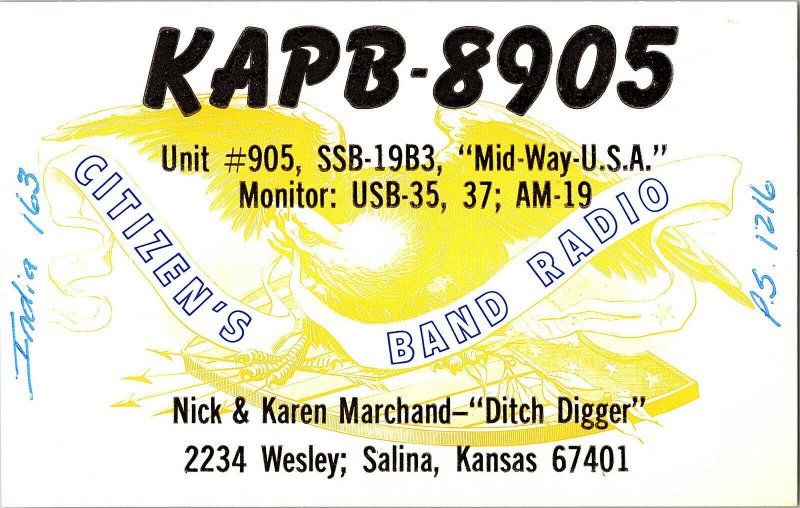 QSL Radio Card From Salina Kansas KAPB-8905 