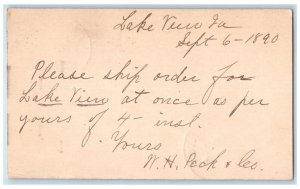 1890 Ship Order for Lake View Iowa IA Clinton Iowa IA Posted Postal Card