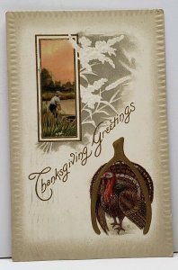 Thanksgiving Greeting Turkey Golden Wishbone Lake Scene 1911 Emboss Postcard G13