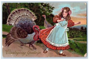 c1910's Thanksgiving Greetings Turkey Bite Woman Dress Embossed Antique Postcard 