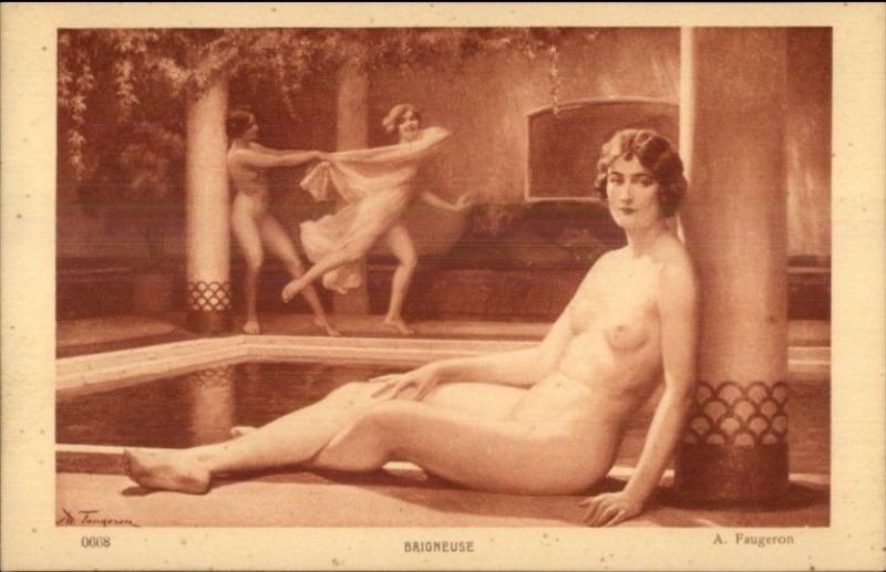 Woman Poses Women Frolic Play in Nude BAIGNEUSE Bath House Faugeron PC myn
