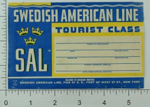 1940's-50's Swedish American Line Luggage Label Original E19