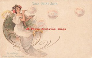 Art Nouveau, Advertising Postcard, Vals Saint-Jean, Woman Blowing Bubbles