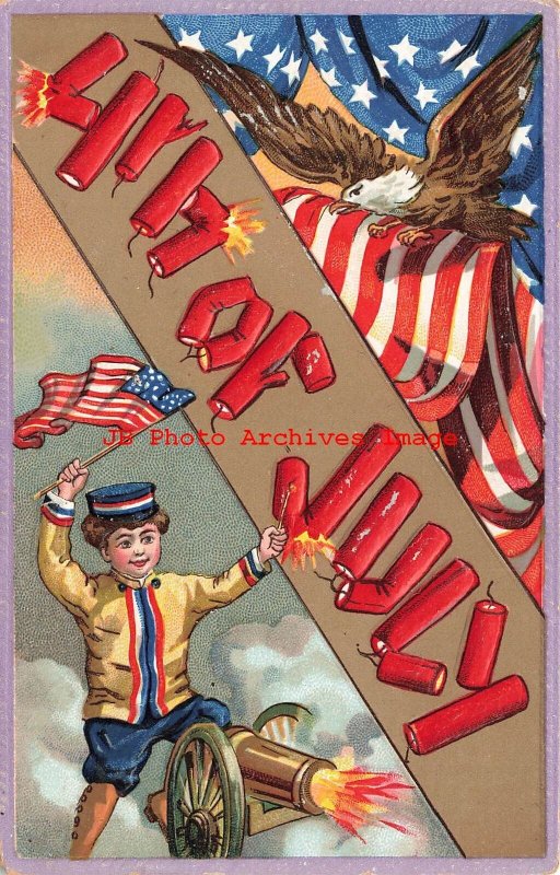 July 4th, Unknown No 230-4, Eagle & Flag, Boy with Firecrackers Shooting Cannon