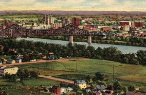 1940s HUNTINGTON WEST VIRGINIA SKYLINE FROM OHIO AERIAL LINEN POSTCARD 44-113