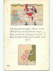 Pre-Linen SANTA WATCHING THREE KIDS PLUS GIRL AT CHRISTMAS TREE J1406