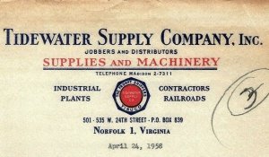 1958 Tidewater Supply Company Norfolk Virginia Supplies and Machinery Letter 435