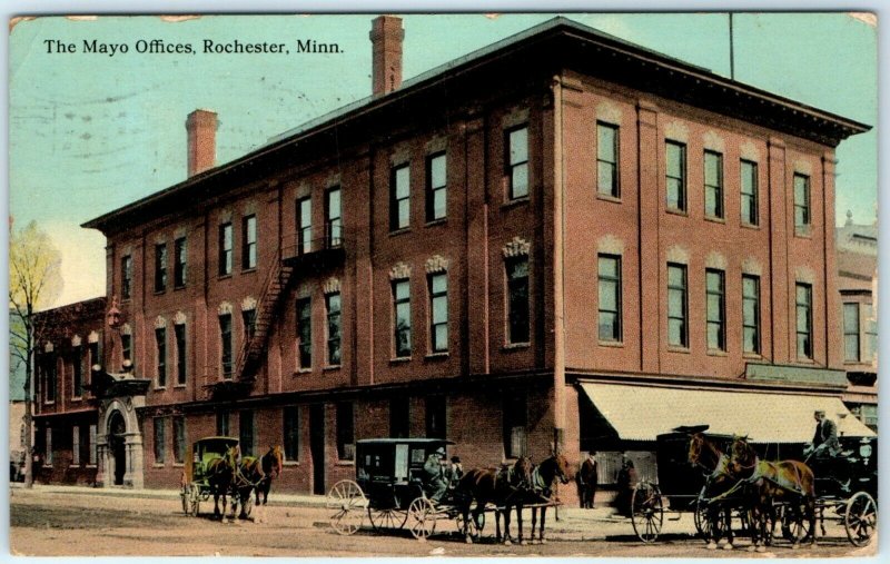 1912 Rochester, MN May Offices Postcard Downtown Many Horse Carriages Street A47